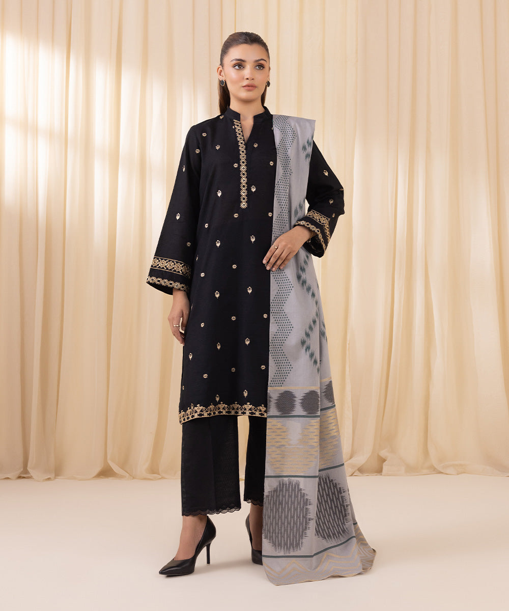 Women's Unstitched Khaddar Embroidered Black 3 Piece Suit