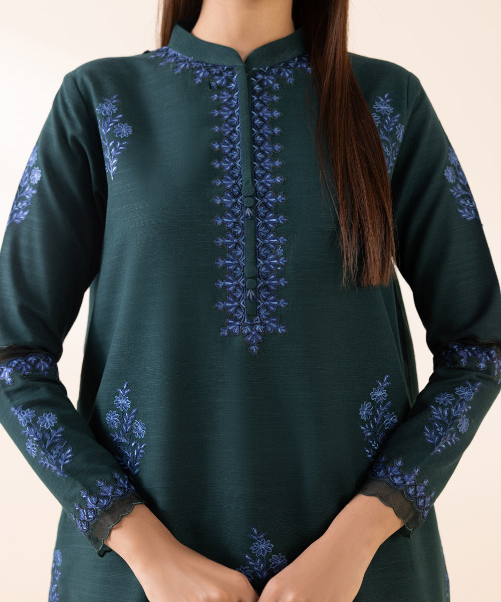 Women's Unstitched Light Khaddar Green Embroidered 3 Piece Suit