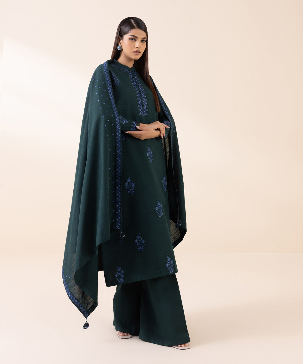 Women's Unstitched Light Khaddar Green Embroidered 3 Piece Suit