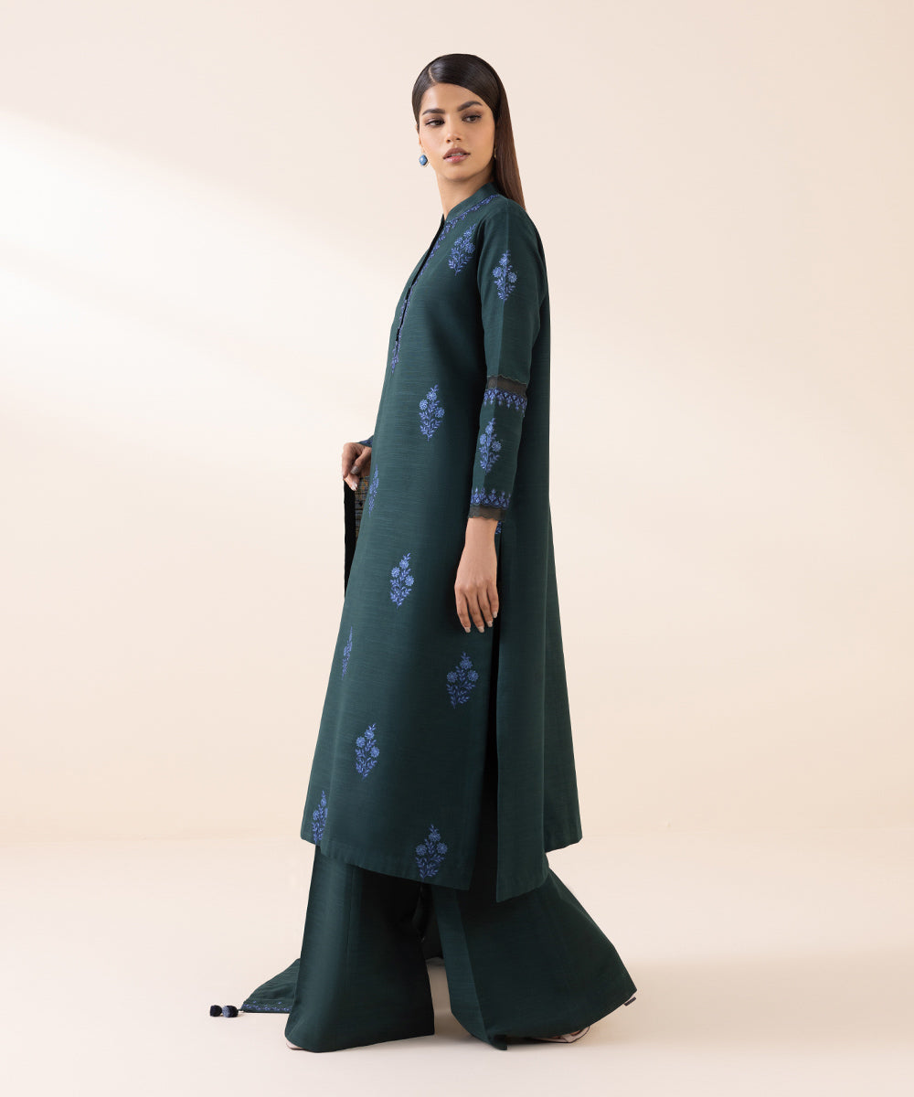 Women's Unstitched Light Khaddar Green Embroidered 3 Piece Suit