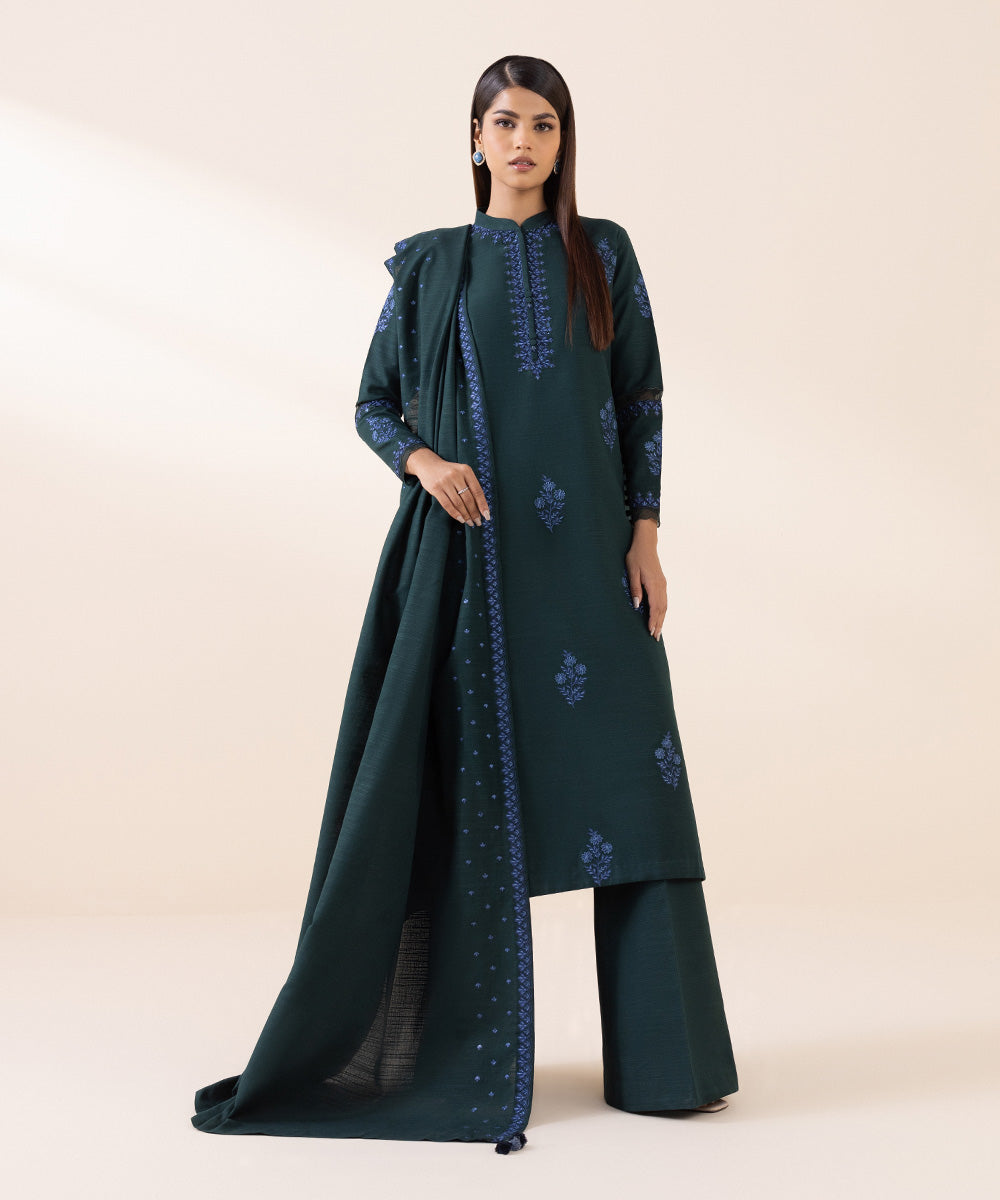 Women's Unstitched Light Khaddar Green Embroidered 3 Piece Suit