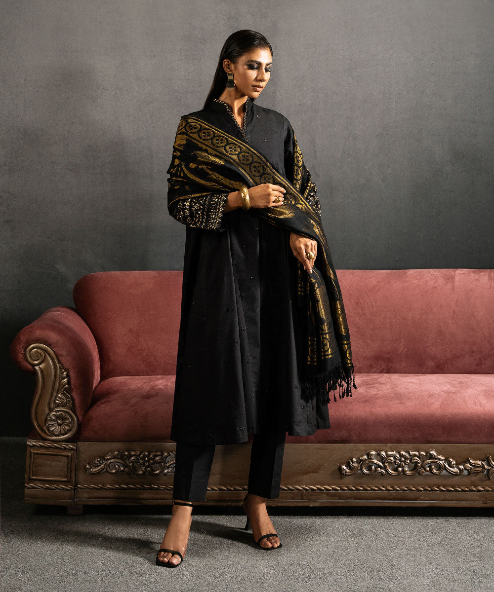 Women's Unstitched Khaddar Embroidered Black 3 Piece Suit