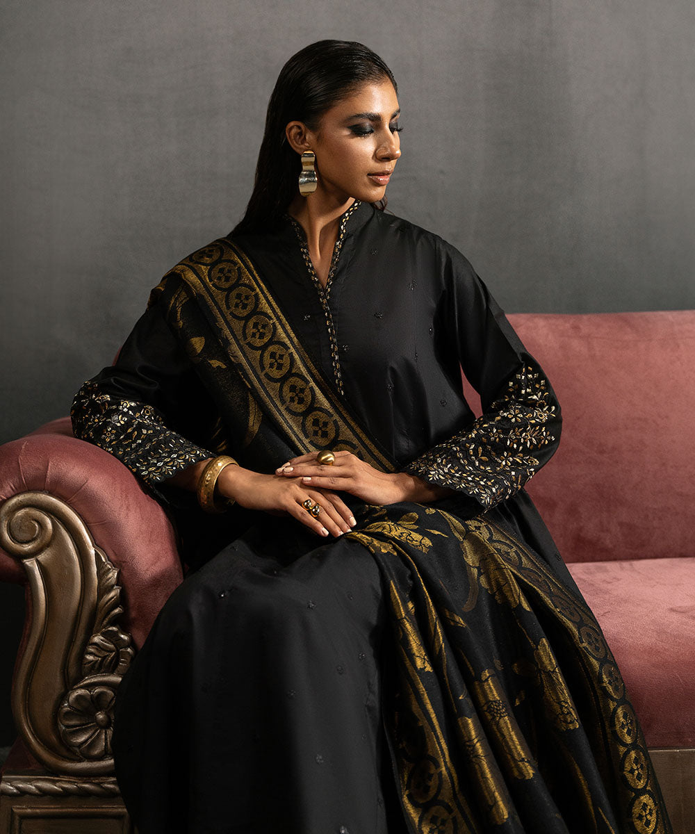 Women's Unstitched Khaddar Embroidered Black 3 Piece Suit