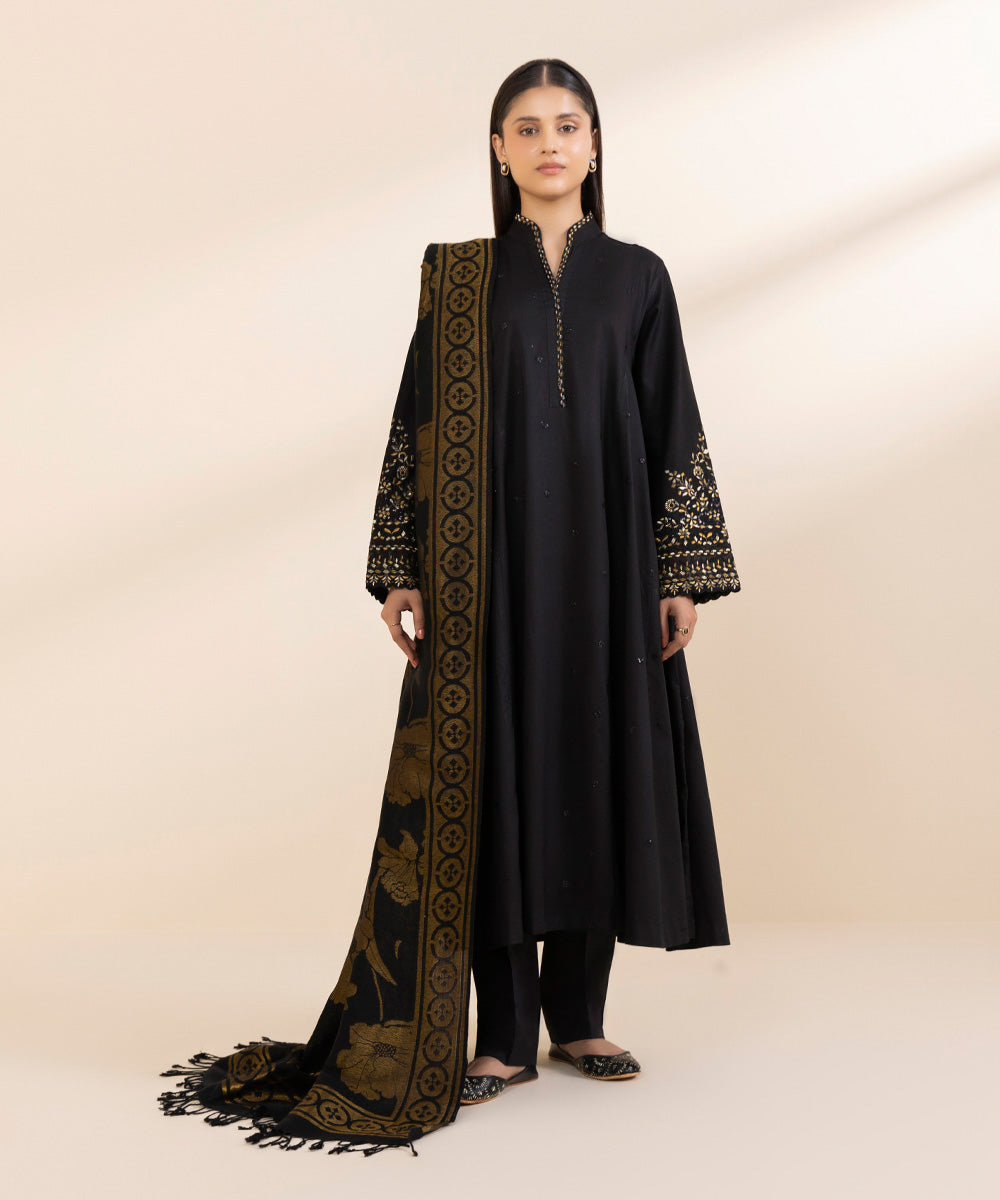 Women's Unstitched Khaddar Embroidered Black 3 Piece Suit