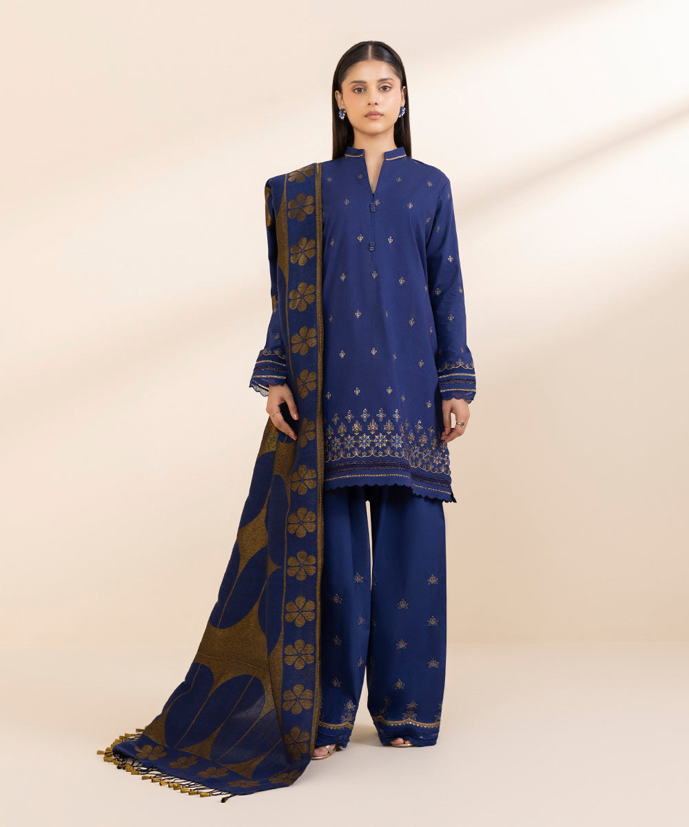 Women's Unstitched Khaddar Embroidered Blue 3 Piece Suit