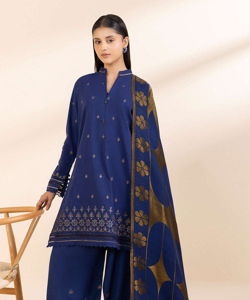 Women's Unstitched Khaddar Embroidered Blue 3 Piece Suit