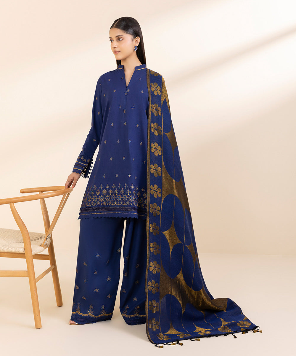 Women's Unstitched Khaddar Embroidered Blue 3 Piece Suit