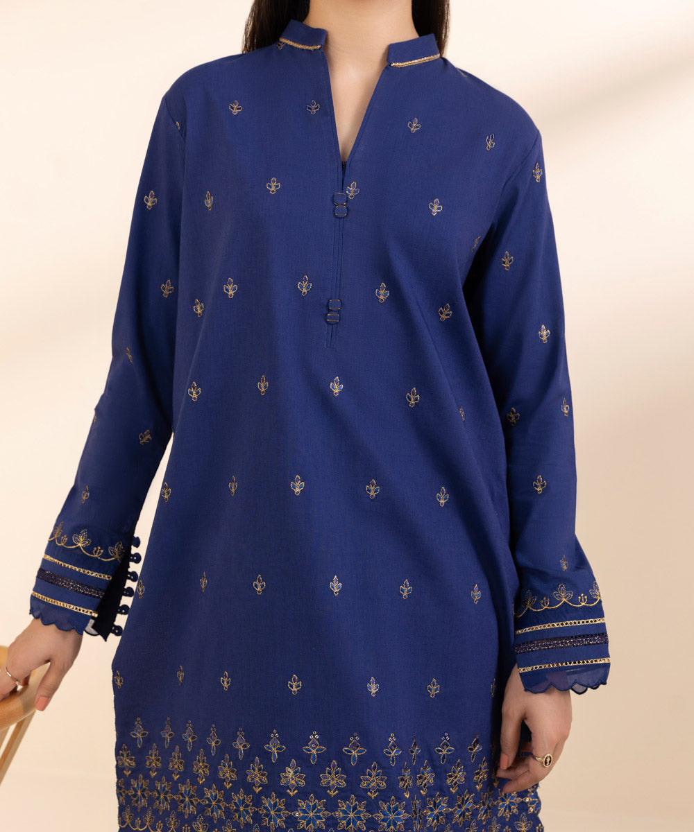 Women's Unstitched Khaddar Embroidered Blue 3 Piece Suit