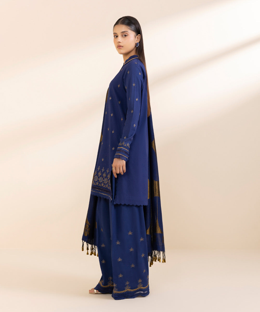 Women's Unstitched Khaddar Embroidered Blue 3 Piece Suit