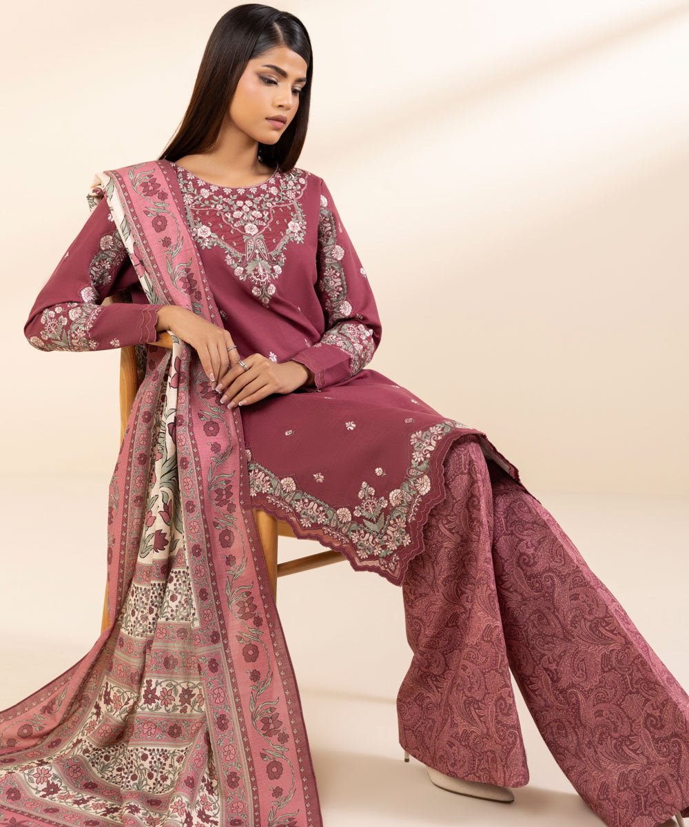 Women's Unstitched Khaddar Embroidered Pink 3 Piece Suit