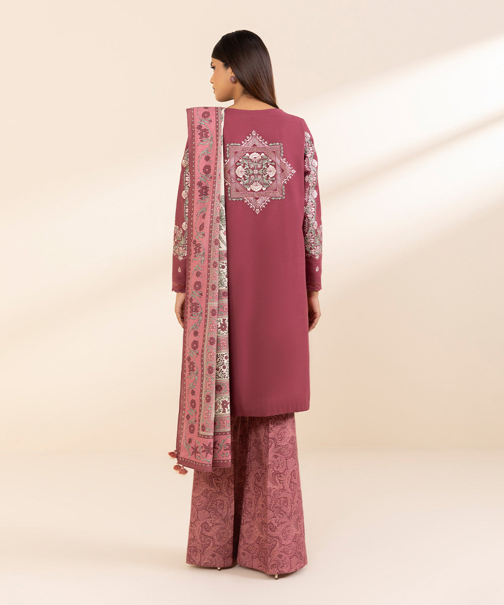 Women's Unstitched Khaddar Embroidered Pink 3 Piece Suit