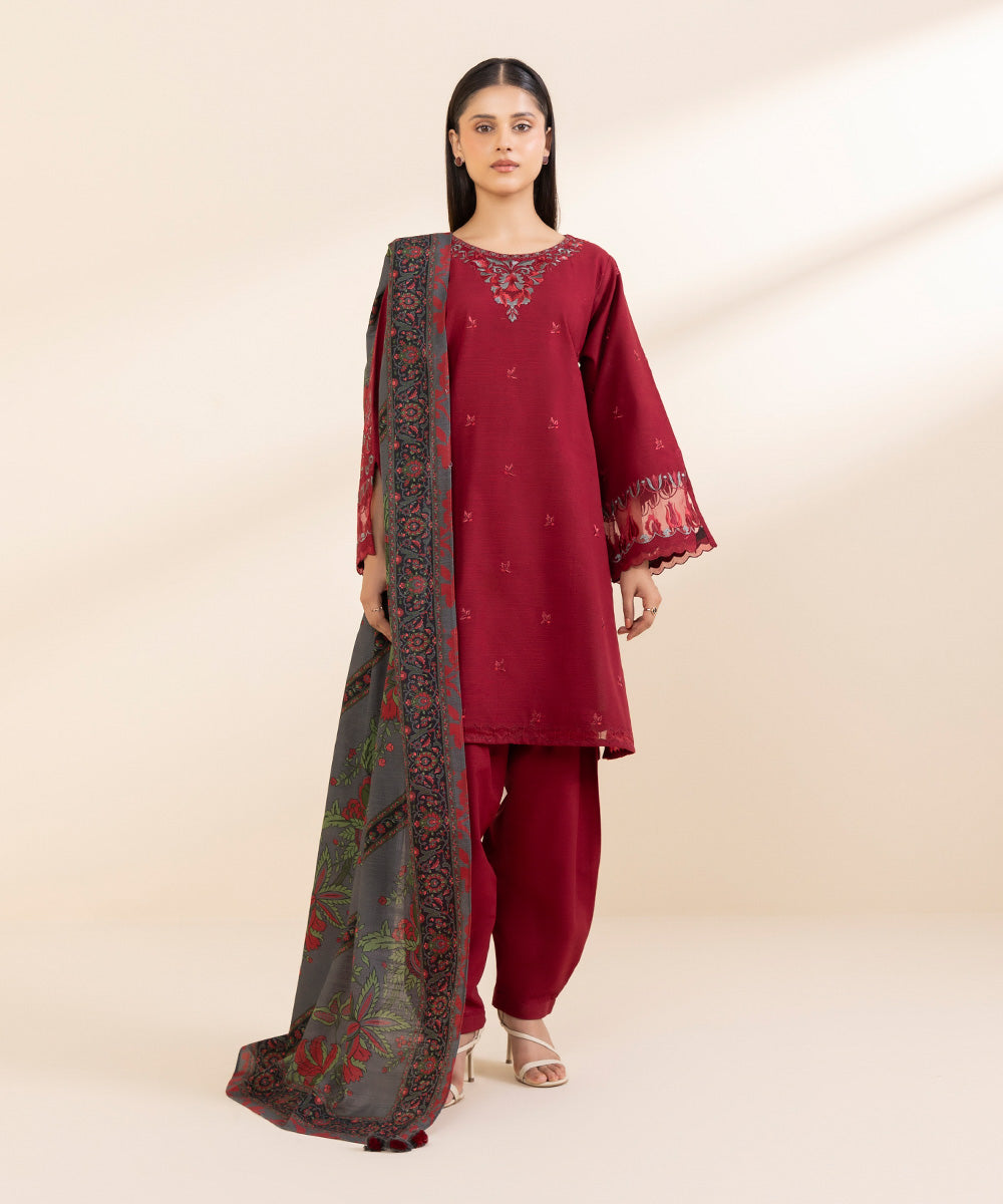 Women's Unstitched Khaddar Embroidered Red 3 Piece Suit