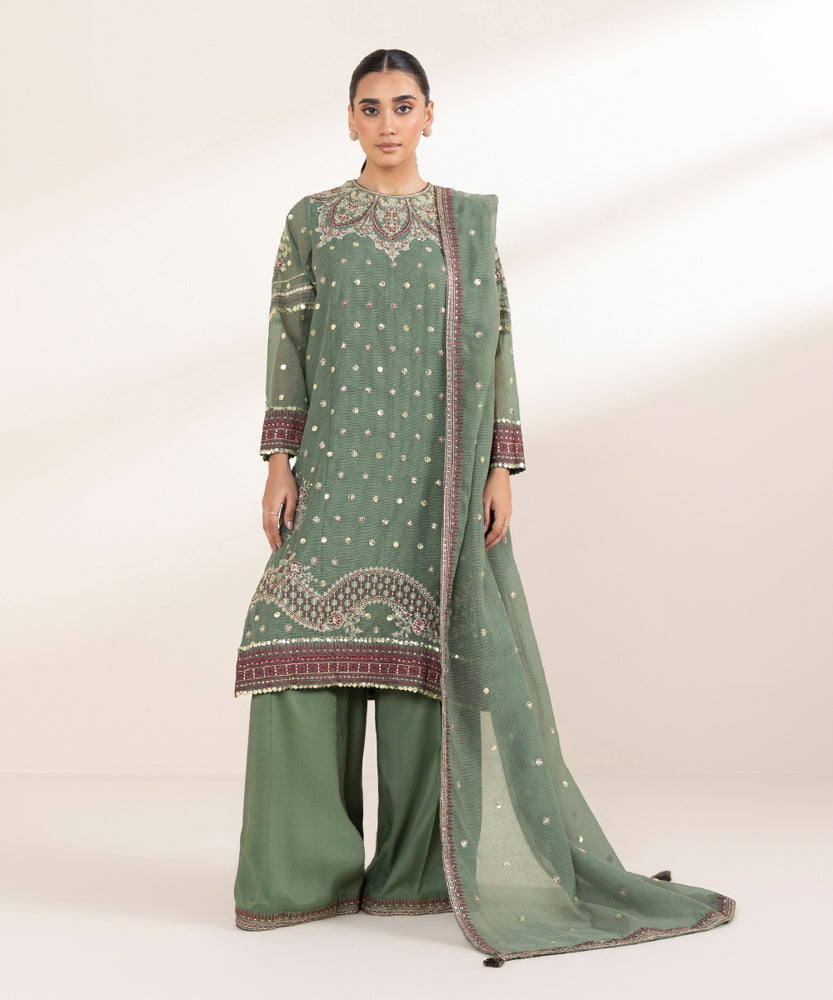 Women's Pret Solid Embroidered Fern Green Blended Textured Karandi Three Piece Suit