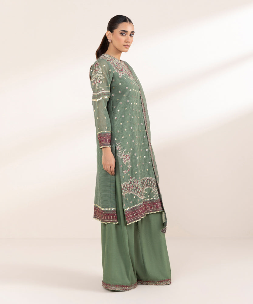 Women's Pret Solid Embroidered Fern Green Blended Textured Karandi Three Piece Suit