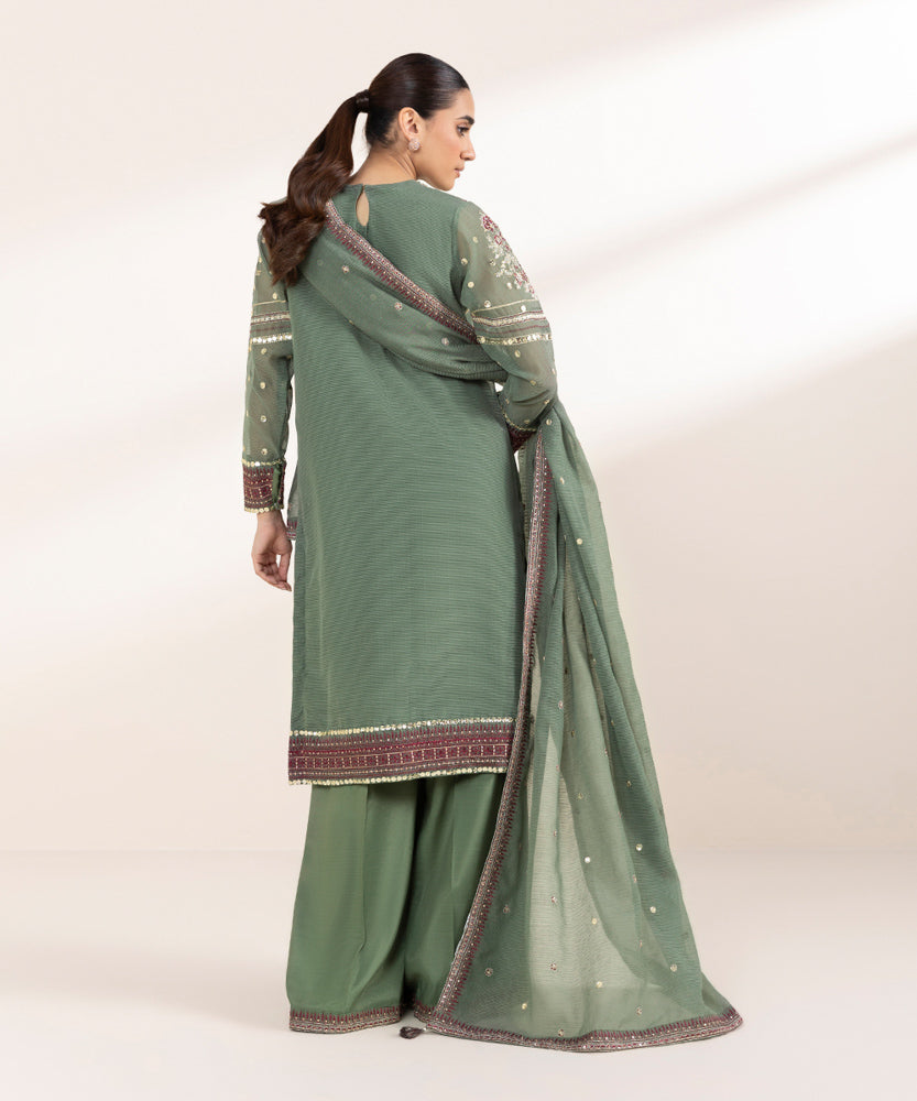 Women's Pret Solid Embroidered Fern Green Blended Textured Karandi Three Piece Suit