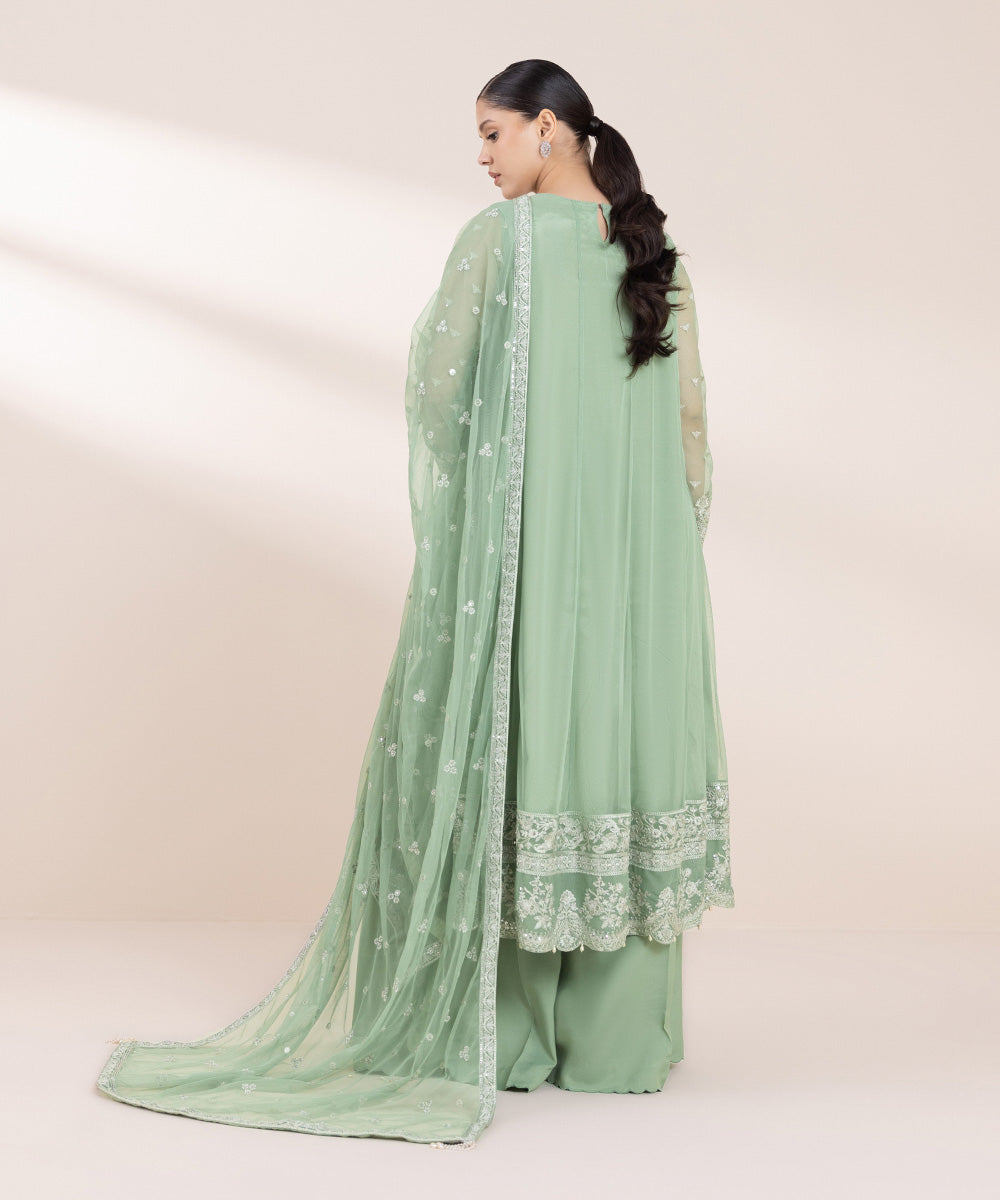 Women's Pret Blended Net Green Embroidered 3 Piece Suit