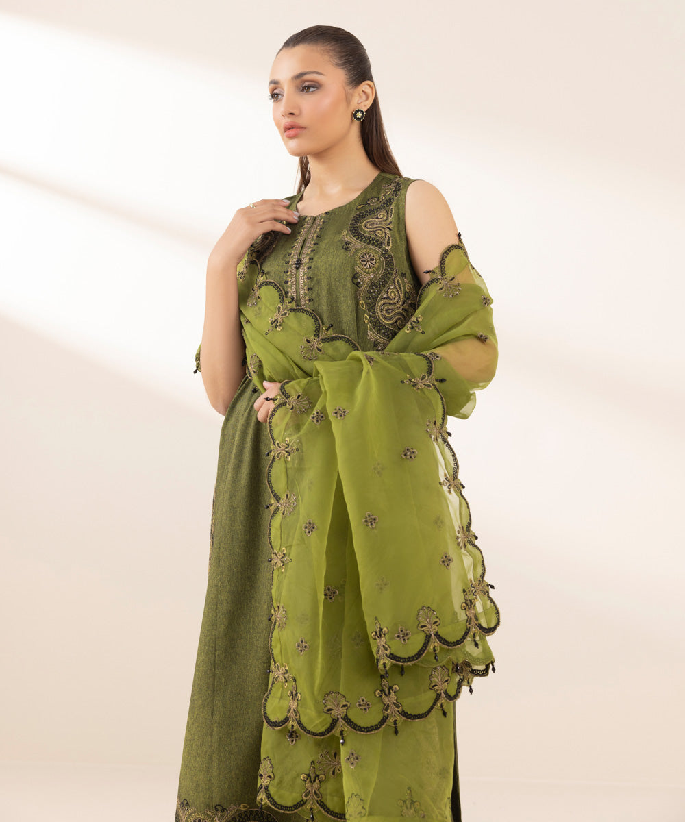 Women's Pret Blended Organza Green Embroidered 3 Piece Suit