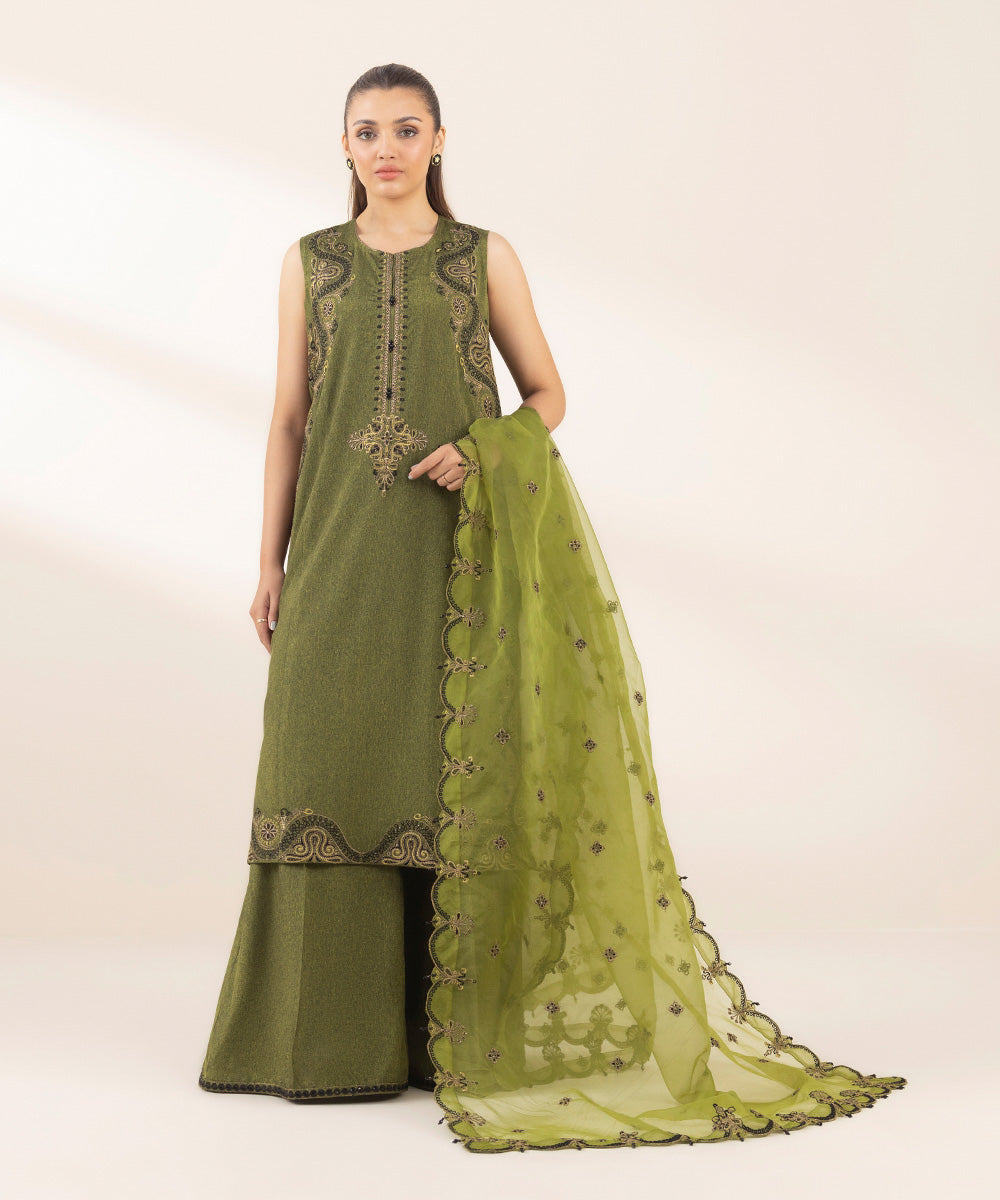 Women's Pret Blended Organza Green Embroidered 3 Piece Suit