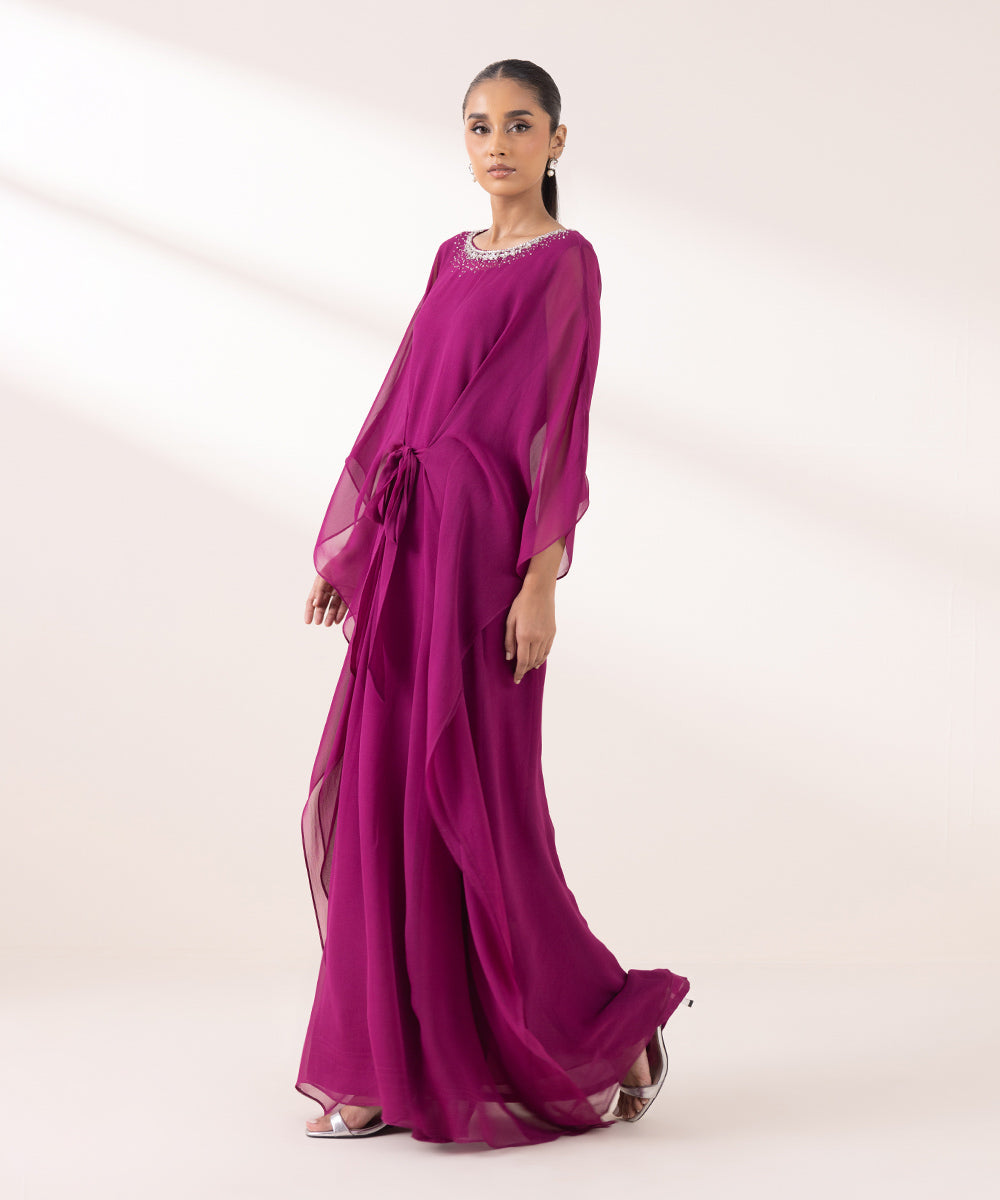 Women's Pret Solid Magenta Bemberg Georgette Chiffon Kaftan Shirt