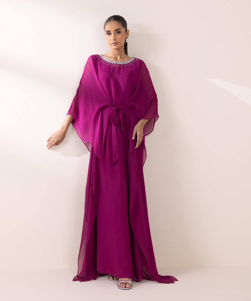 Women's Pret Solid Magenta Bemberg Georgette Chiffon Kaftan Shirt