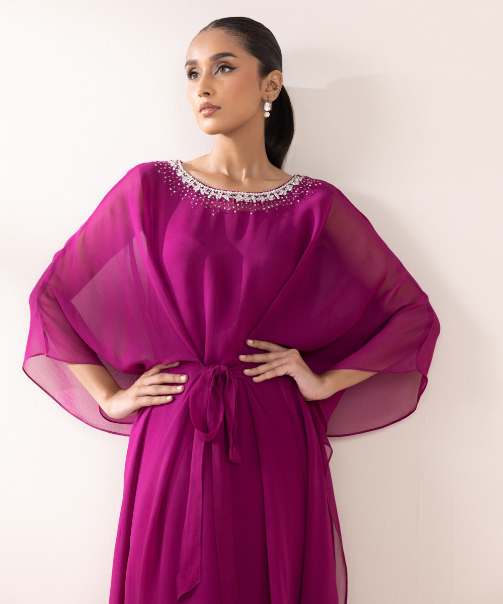 Women's Pret Solid Magenta Bemberg Georgette Chiffon Kaftan Shirt