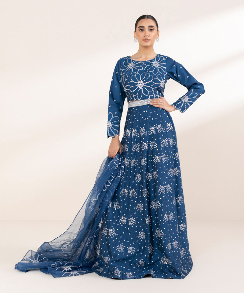 Women's Pret Solid Embroidered Royal Blue Silk Cotton Net Lehnga Choli 