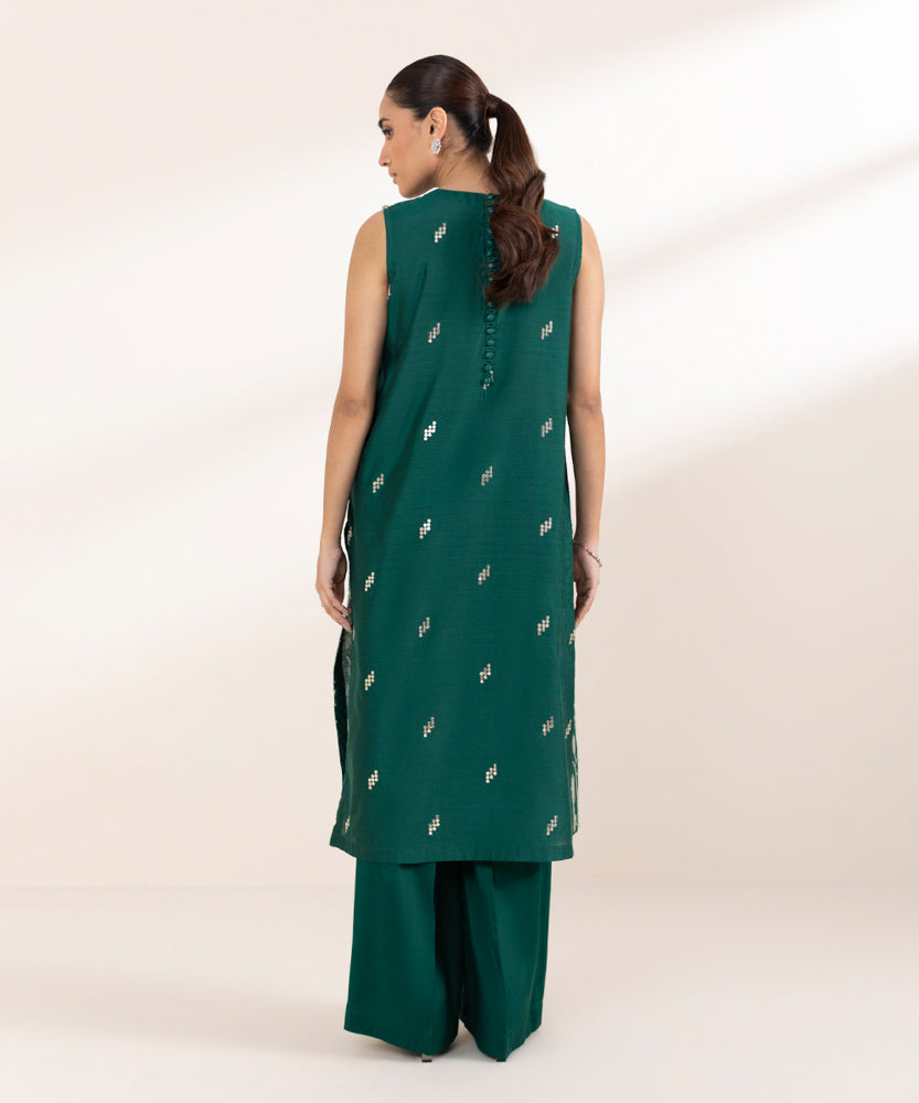 Women's Pret Solid Embroidered Jade Green Silk Cotton Net Two Piece Suit