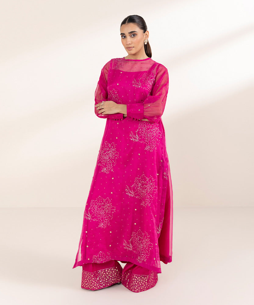 Women's Pret Solid Embroidered Hot Pink Blended Organza Two Piece Suit