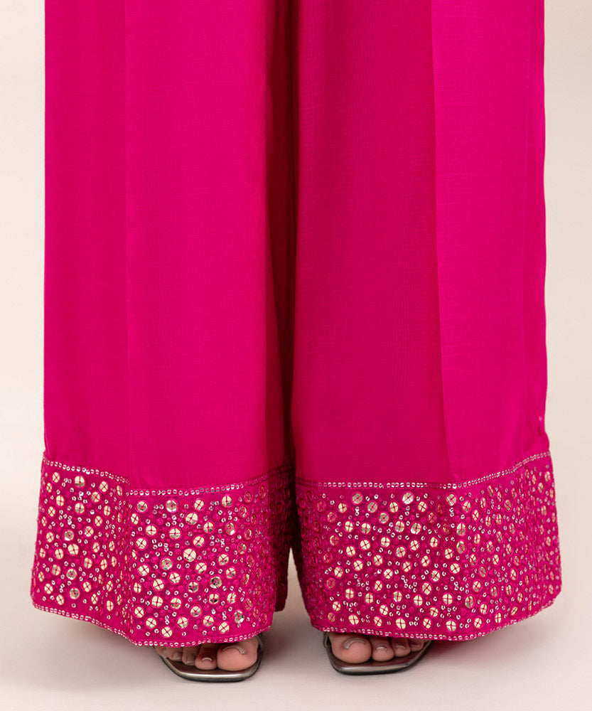 Women's Pret Solid Embroidered Hot Pink Blended Organza Two Piece Suit