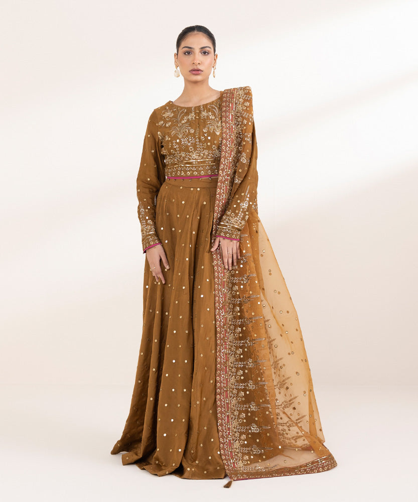 Women's Pret Solid Bronze Brown Viscose Raw Silk Lehnga Choli 