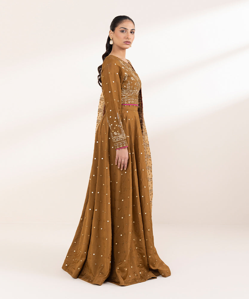 Women's Pret Solid Bronze Brown Viscose Raw Silk Lehnga Choli 