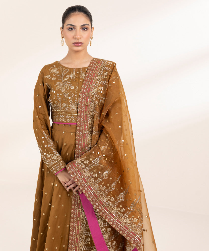 Women's Pret Solid Bronze Brown Viscose Raw Silk Lehnga Choli 