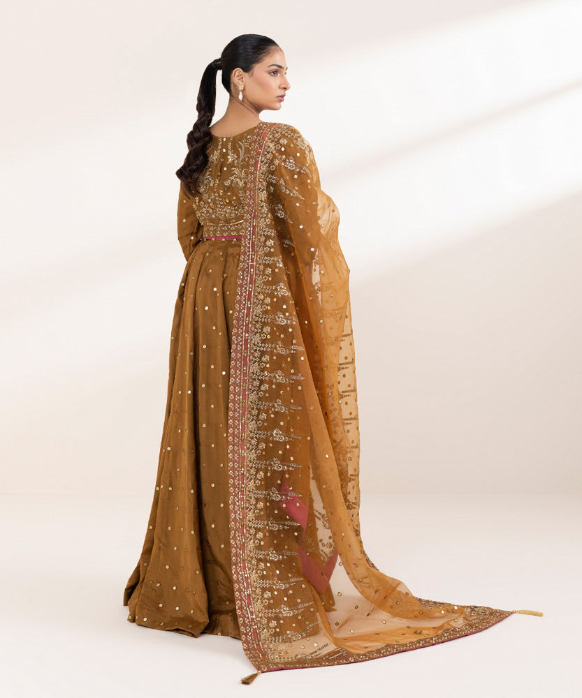 Women's Pret Solid Bronze Brown Viscose Raw Silk Lehnga Choli 