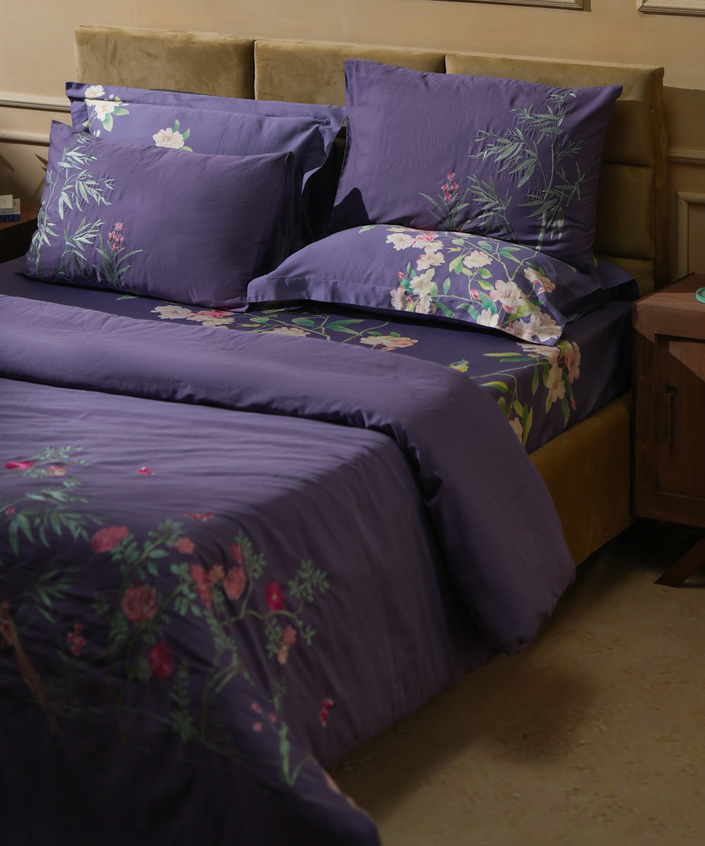 100% Cotton Sateen Embroidered Purple Orchid Frost Bridal Bedding