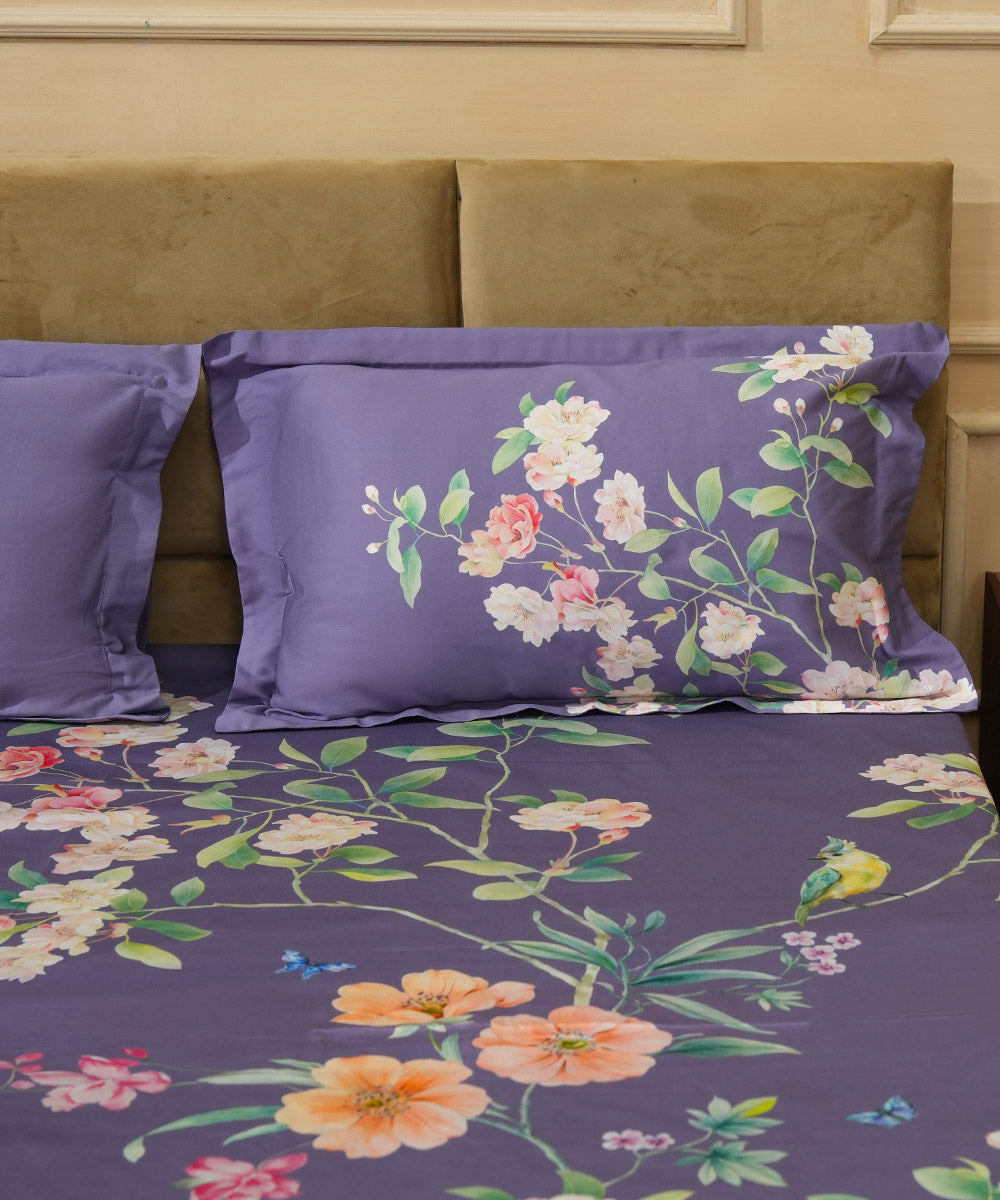 100% Cotton Sateen Embroidered Purple Orchid Frost Bridal Bedding