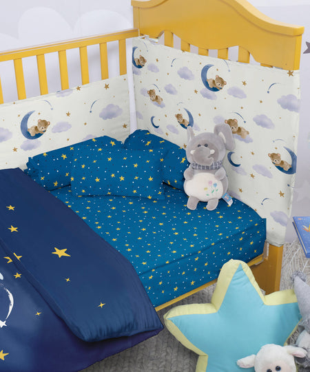 100% Cotton Digital Printed Blue Sleeping Bear Baby Cot Set