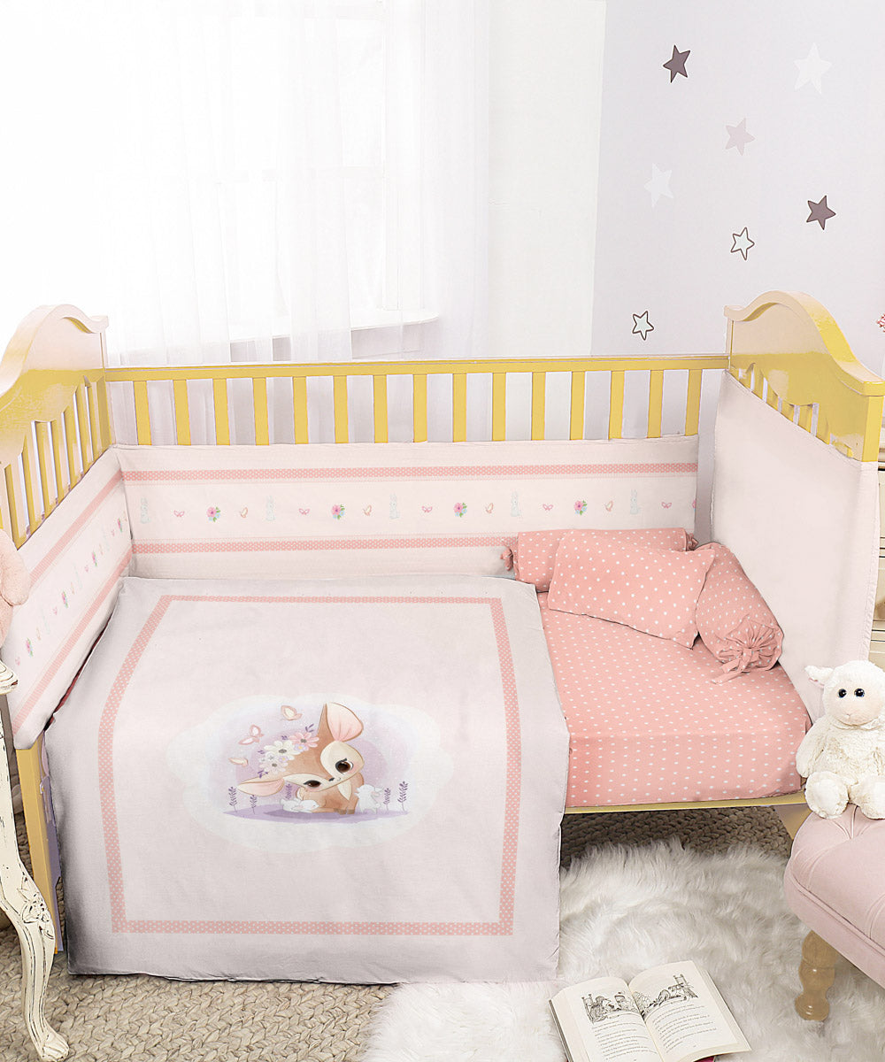 100% Cotton Digital Printed Pink Deer Baby Cot Set
