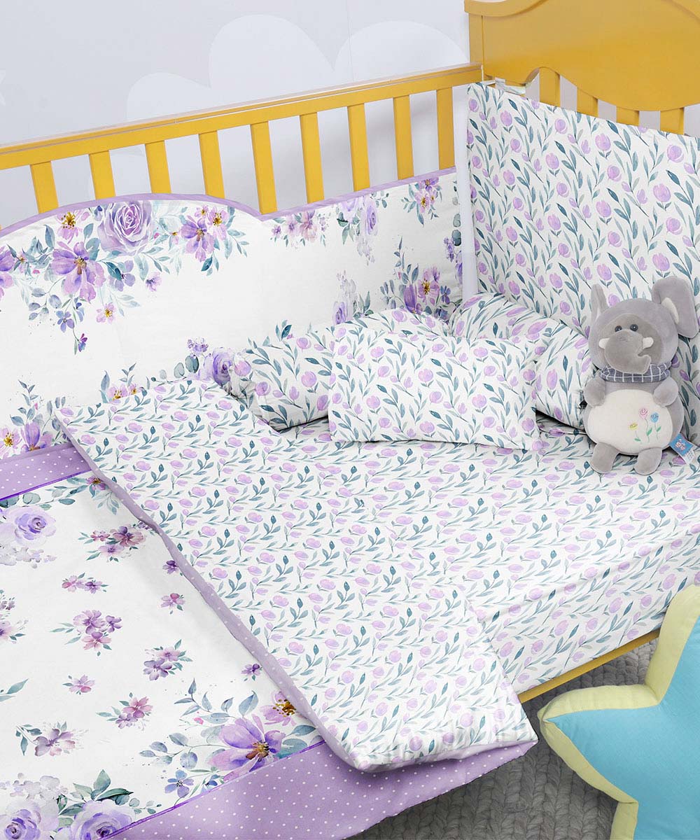 100% Cotton Digital Printed Lilac Meadow Lilac Baby Cot Sets