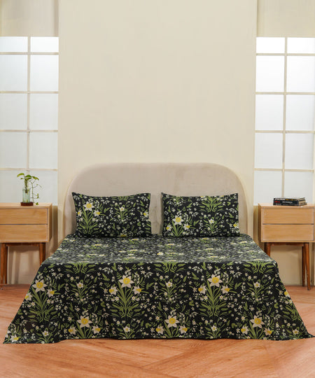 Floral Black and Green Bed Sheet