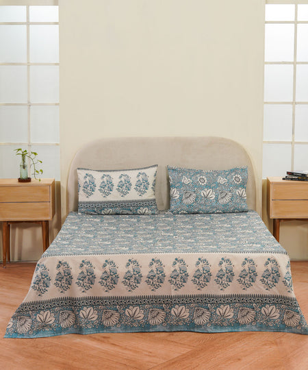 Block Printed Blue and Off White Bed Sheet