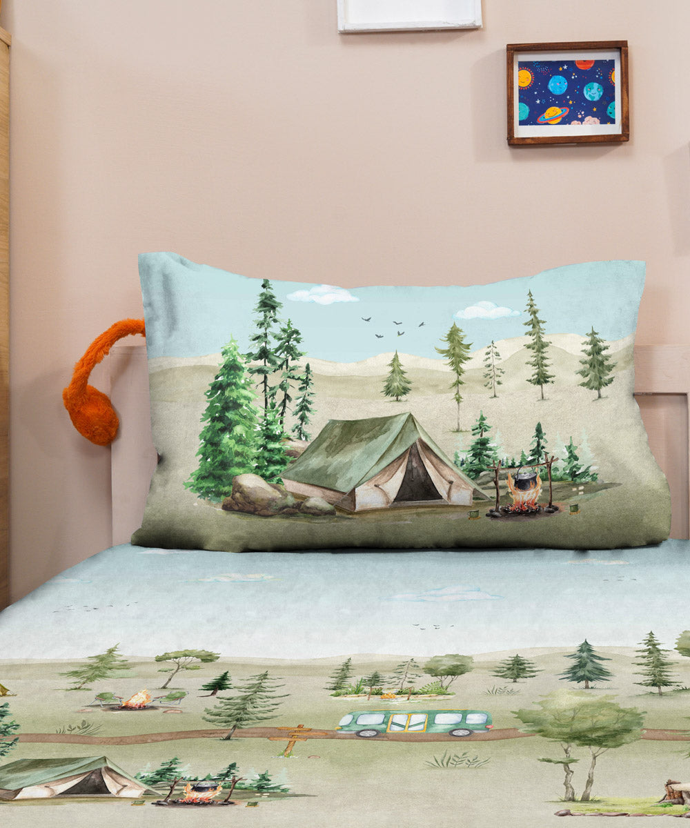 100% Cotton Digital Printed Blue Camping Bed Sheet