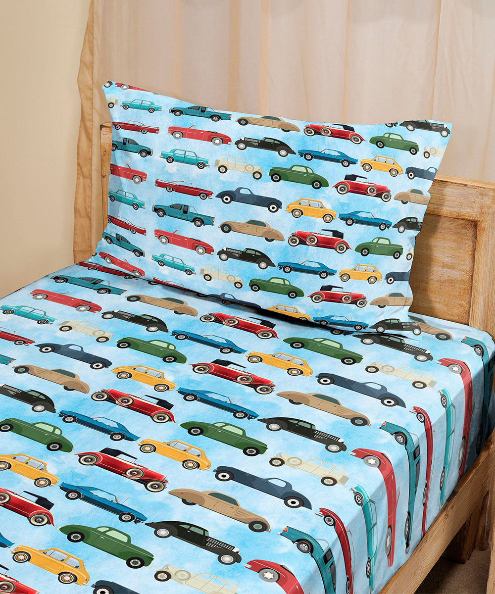 100% Cotton Digital Printed Vintage Cars Multi Bed Sheet