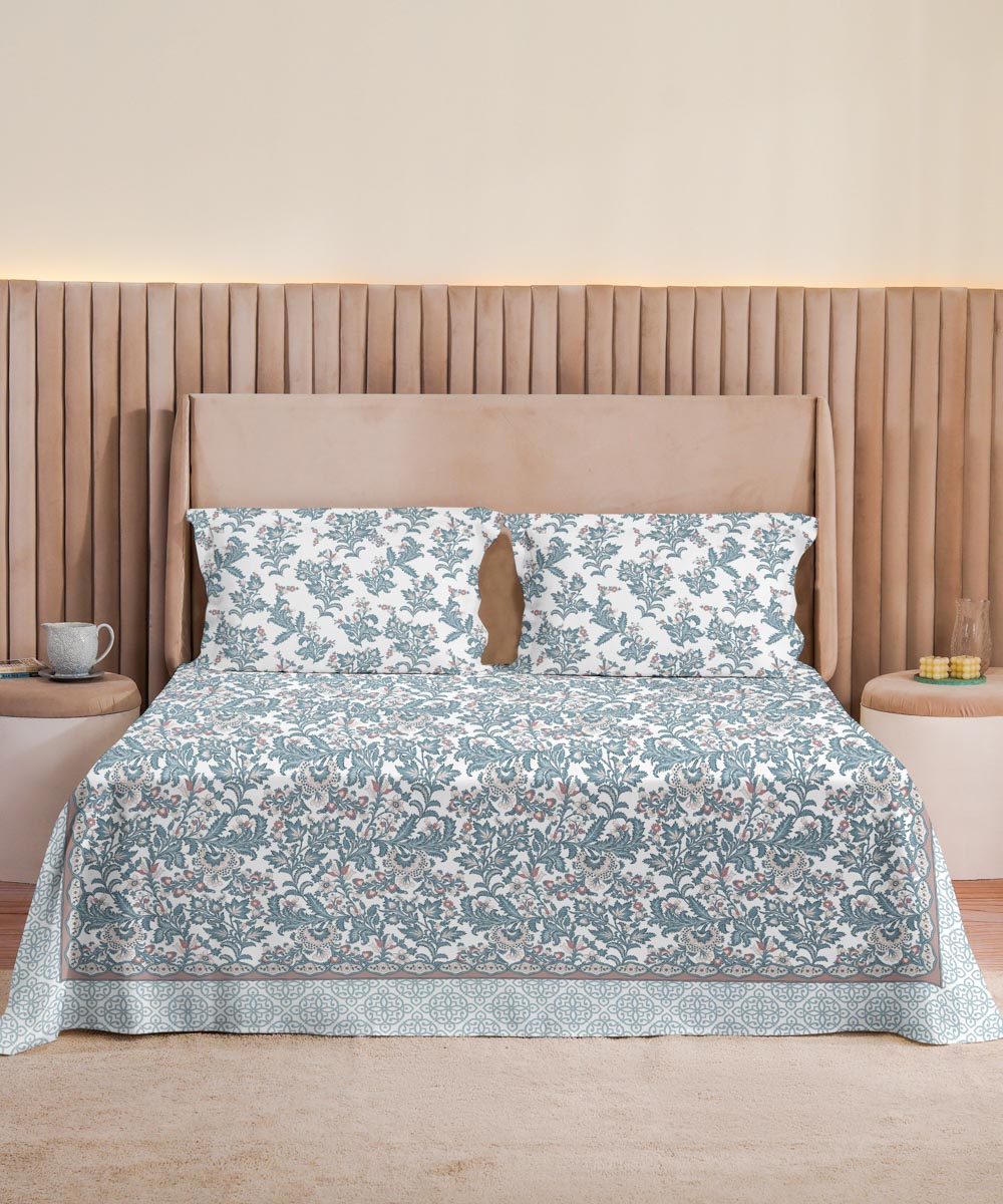100% Cotton Sateen Digital Printed Blue Bed Sheet