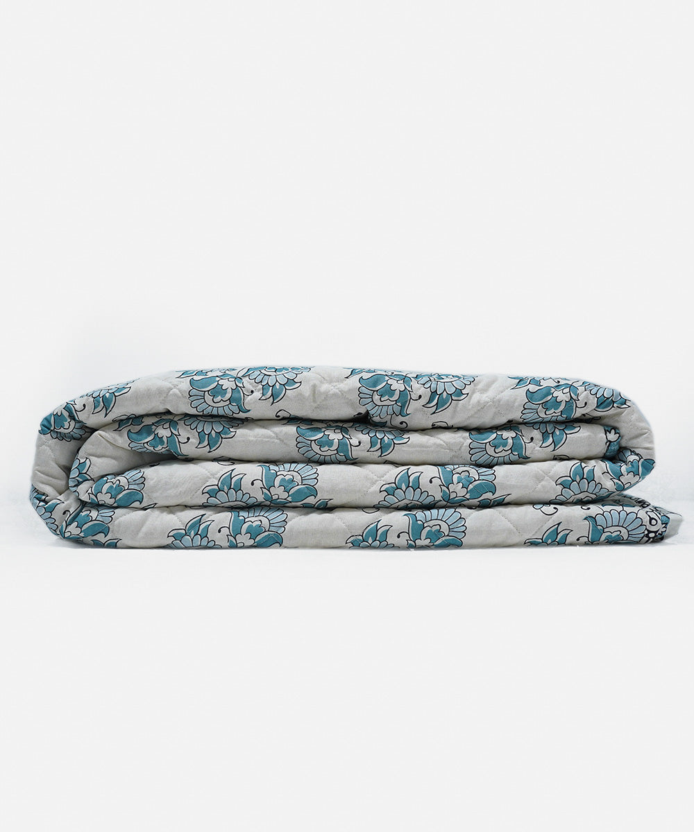 Block Printed Blue and Off White Bed Spread