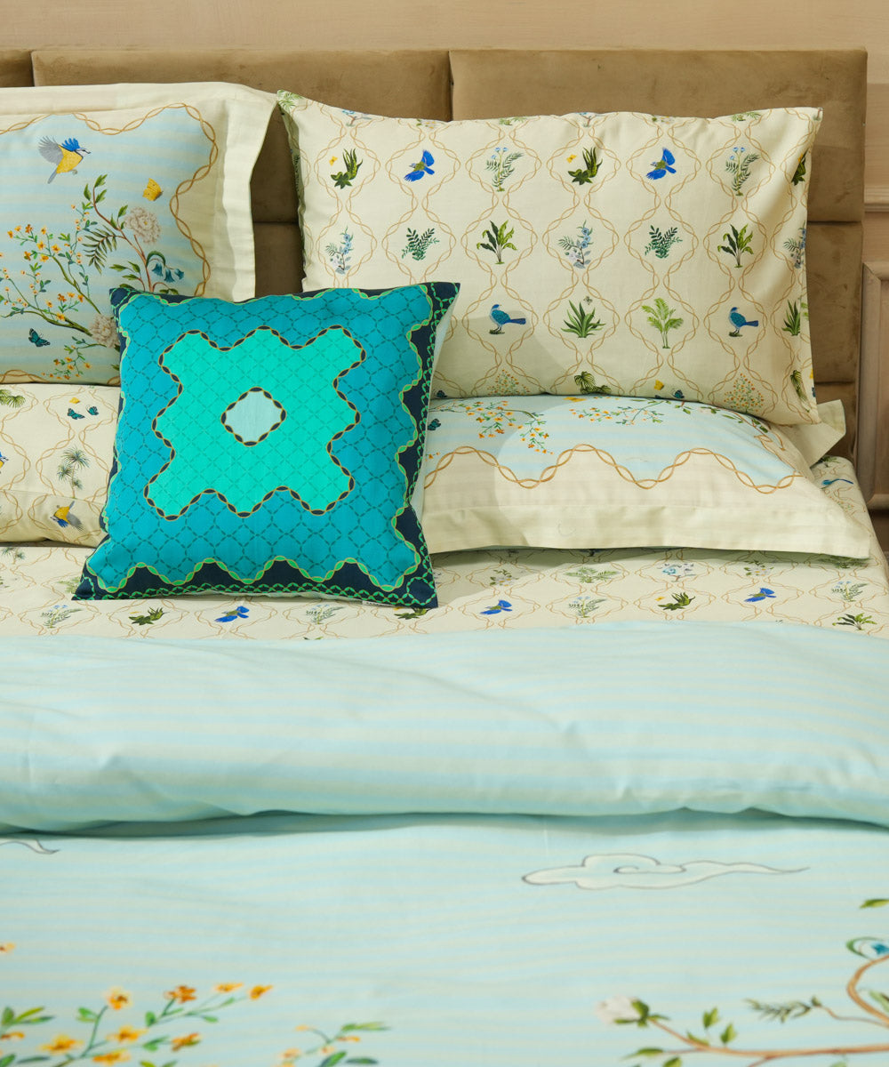 100% Cotton Sateen Digital Printed Multi Blue Bird Cushion Cover