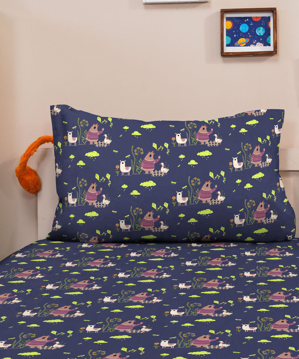 100% Cotton Blue Bear and Llama Fitted Sheet