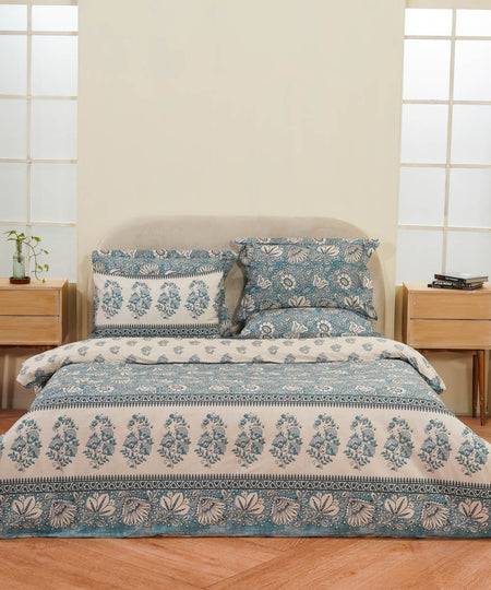 Block Printed Blue and Off White Quilt Cover