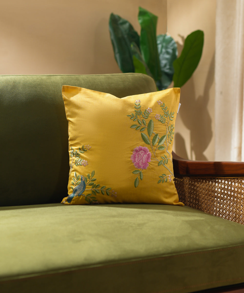 100% Cotton Embroidered Yellow Cushion Cover