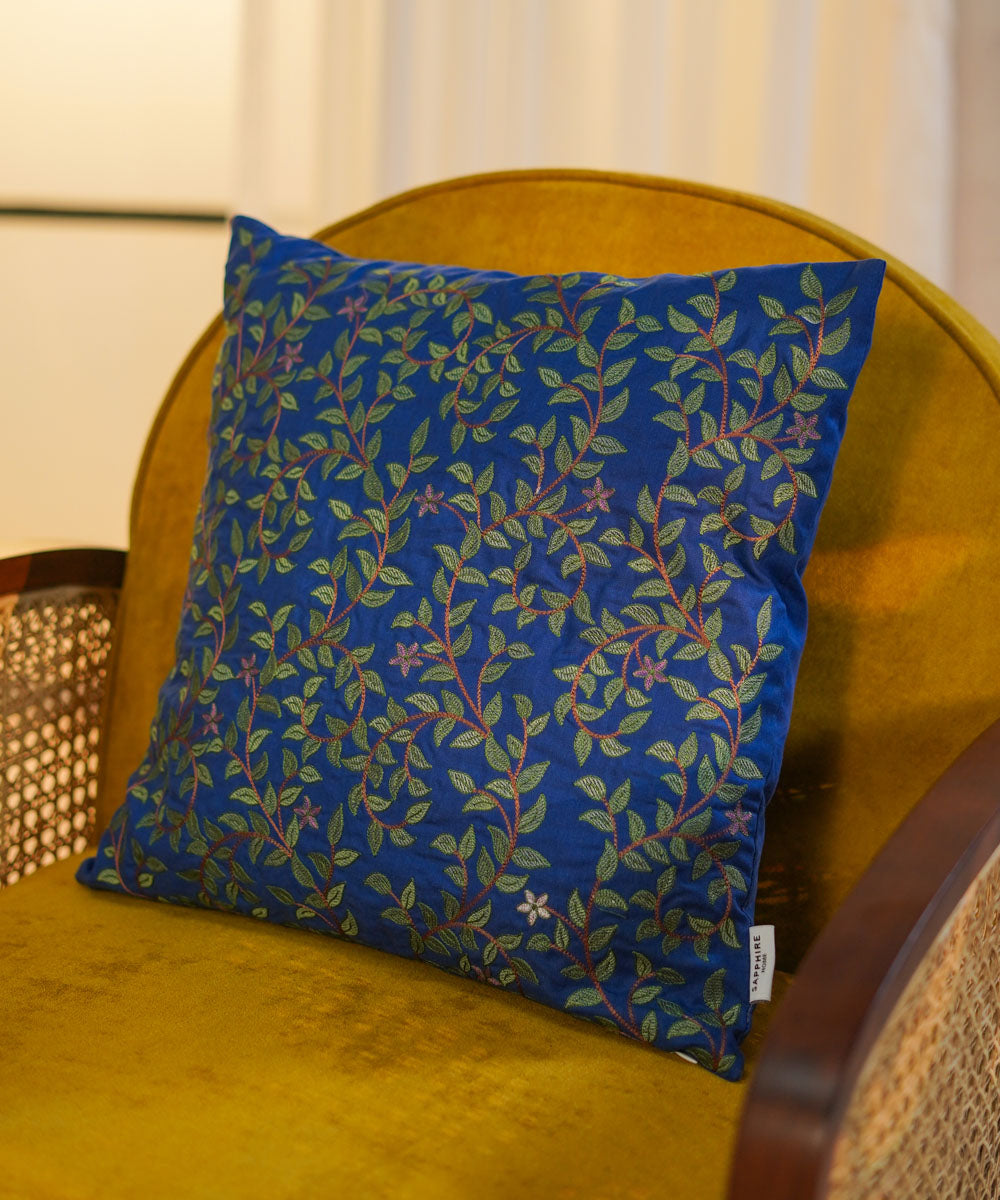 100% Cotton Embroidered Blue Cushion Cover