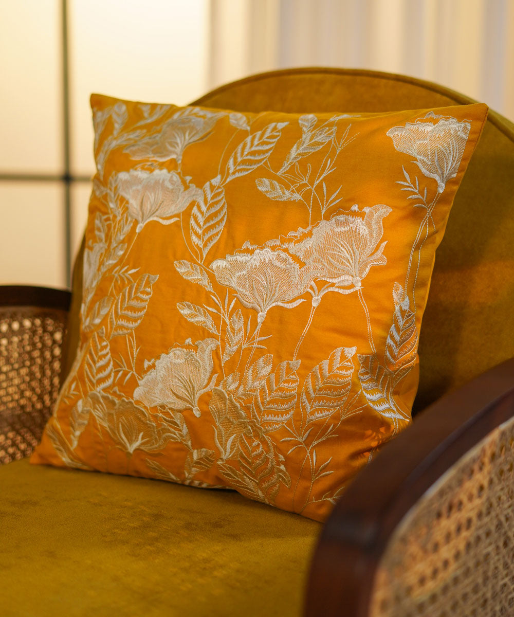 100% Cotton Embroidered Mustard Cushion Cover